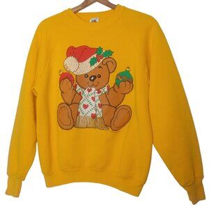 Vintage 90s Christmas Bear Large Sweatshirt Yellow Fruit of the Loom Heart Retro